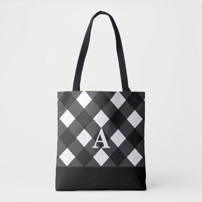 Black white buffalo plaid tote bag with initial(s) (Front)