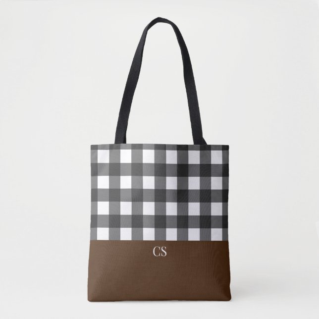 Black White Buffalo Plaid with Monogram  Tote Bag (Front)