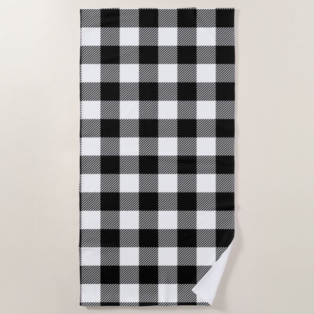 Black White Buffalo Plaid with Twill Beach Towel (Front)