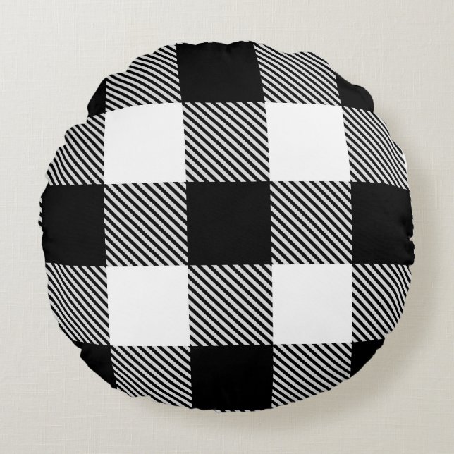 Black White Buffalo Plaid with Twill Round Pillow (Front)