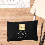 Black white business logo name monogram accessory pouch<br><div class="desc">Black background,  white and grey text. Personalize and add your business logo,  first name,  monogram initials and full name.</div>