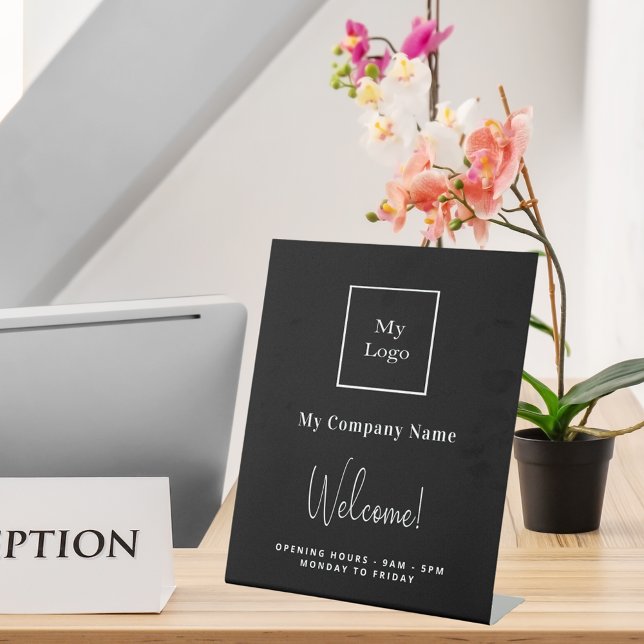 Black white business logo name opening hours pedestal sign (Creator Uploaded)