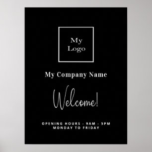 Black white business logo name opening hours poster