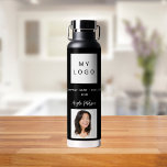 Black white business logo name signature photo water bottle<br><div class="desc">A black background.  Personalize and add your business logo,  text (or delete)  name and a profile photo. White text.</div>