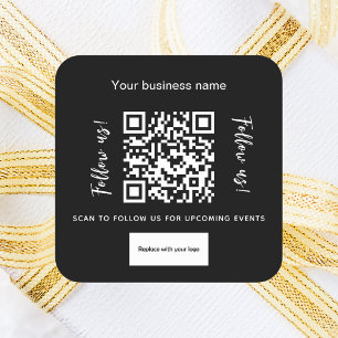 Black white business name qr code logo square sticker