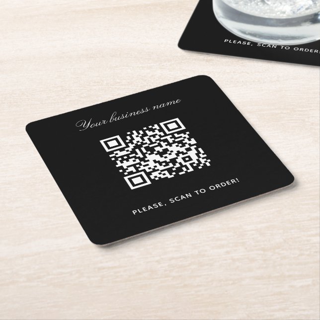 Black white business name qr code square paper coaster (Angled)