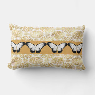 Black & White Butterflies & Faux Gold Flowers Lumbar Pillow