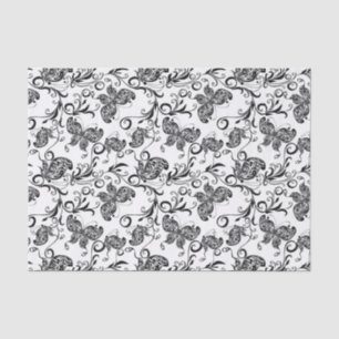 Black & White Butterflies & Flowers Pattern Tissue Paper