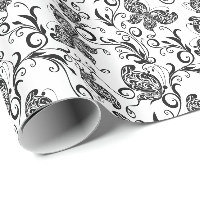 Black & White Butterflies & Flowers Pattern Wrapping Paper (Roll Corner)