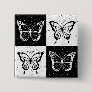 Black White Butterfly Chequered Block Print 2 Inch Square Button
