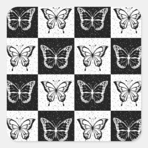 Black White Butterfly Chequered Block Print Square Sticker