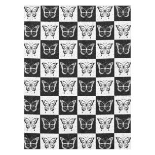 Black White Butterfly Chequered Block Print Tablecloth