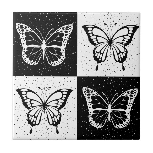Black White Butterfly Chequered Block Print Tile (Front)