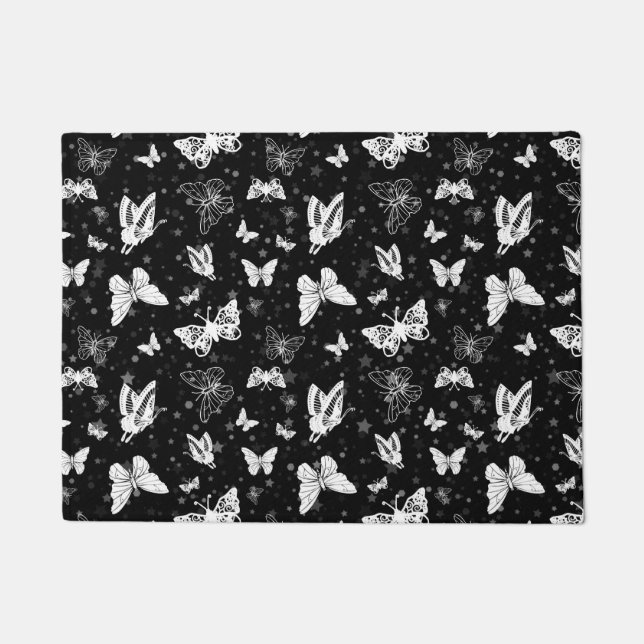 Black White Butterfly Illustration Pattern Design Doormat (Front)