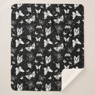 Black White Butterfly Illustration Pattern Design Sherpa Blanket