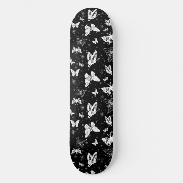 Black White Butterfly Illustration Pattern Design Skateboard (Front)