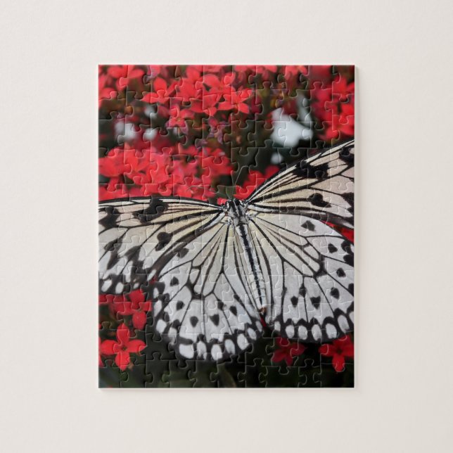 Black & White Butterfly on Red Flowers Jigsaw Puzzle (Vertical)