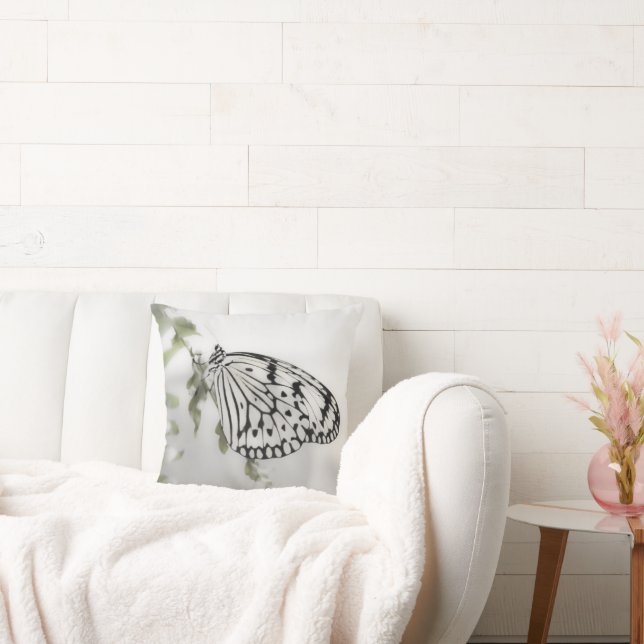 Black White Butterfly on Tree Branch Throw Pillow (Couch)