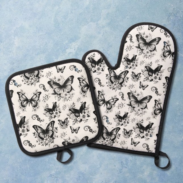 Black White Butterfly Pattern Oven Mitt & Pot Holder Set (Creator Uploaded)