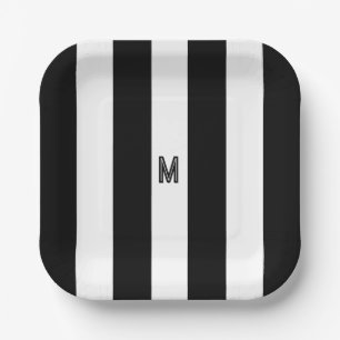 Black & White Cabana Stripe Minimal Monogram Paper Plate