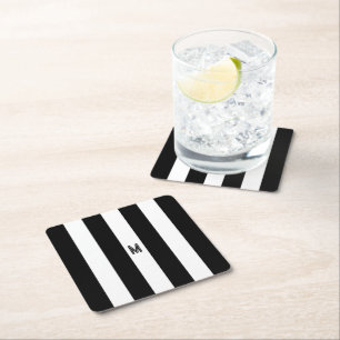 Black & White Cabana Stripe Minimal Monogram Square Paper Coaster