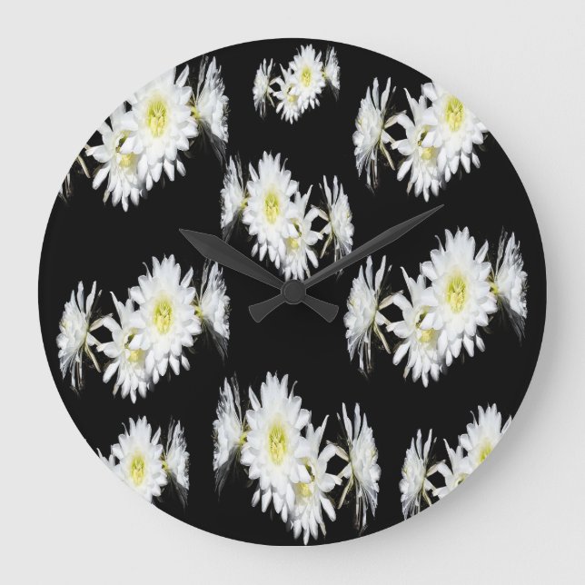 Black White Cacti Flower Pattern, Large Wall Clock (Front)