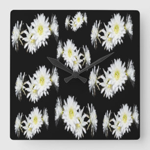 Black White Cacti Flower Pattern Square Wall Clock