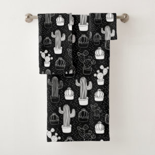 Black & White Cactus Doodle Pattern Bath Towel Set