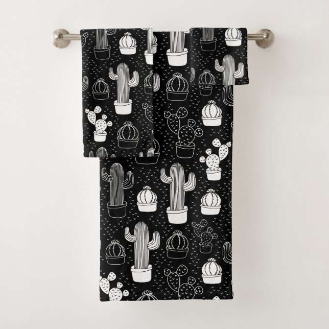 Black & White Cactus Doodle Pattern Bath Towel Set (Insitu)