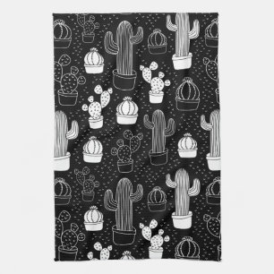 Black & White Cactus Doodle Pattern Kitchen Towel