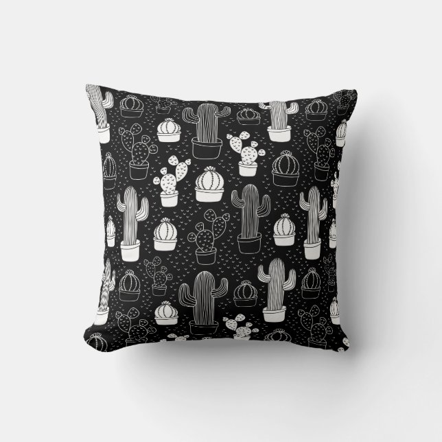 Black & White Cactus Doodle Pattern Throw Pillow (Front)