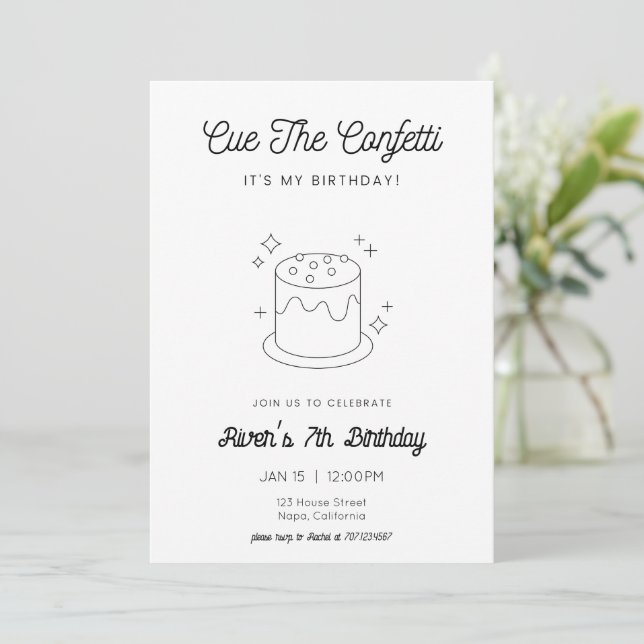 Black & White Cake Birthday Invitation (Standing Front)