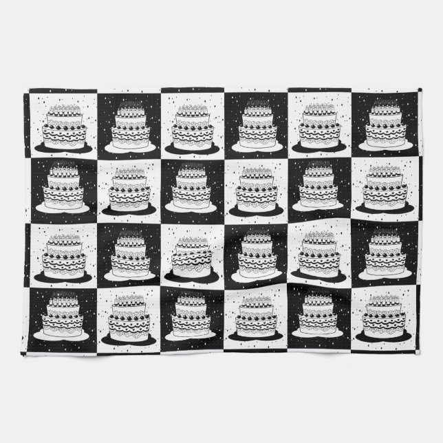 Black White Cake Chequered Block Print Kitchen Towel (Horizontal)