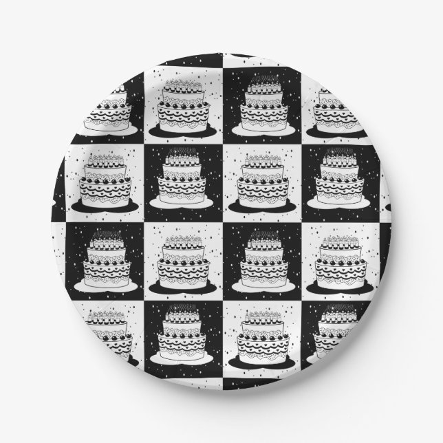 Black White Cake Chequered Block Print Paper Plate (Front)