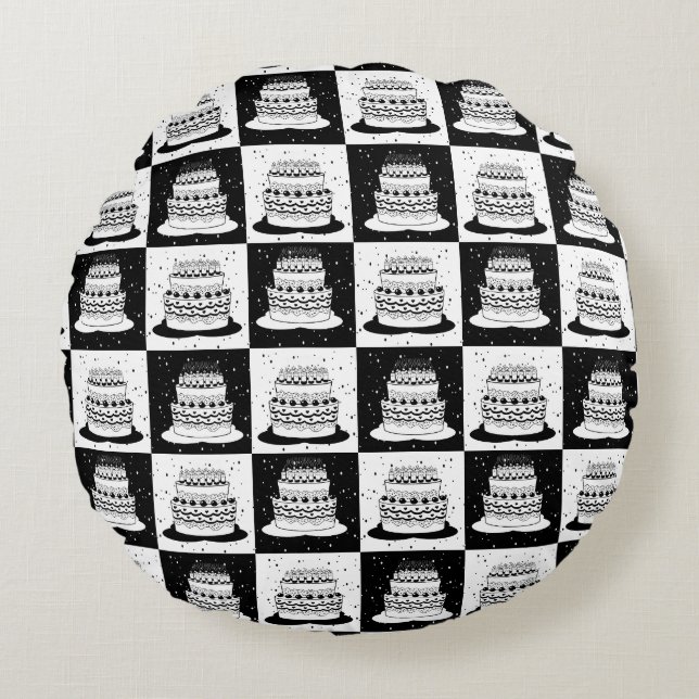 Black White Cake Chequered Block Print Round Pillow (Front)
