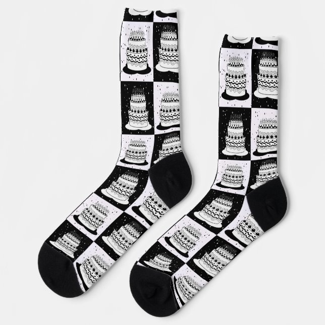 Black White Cake Chequered Block Print Socks (Left)