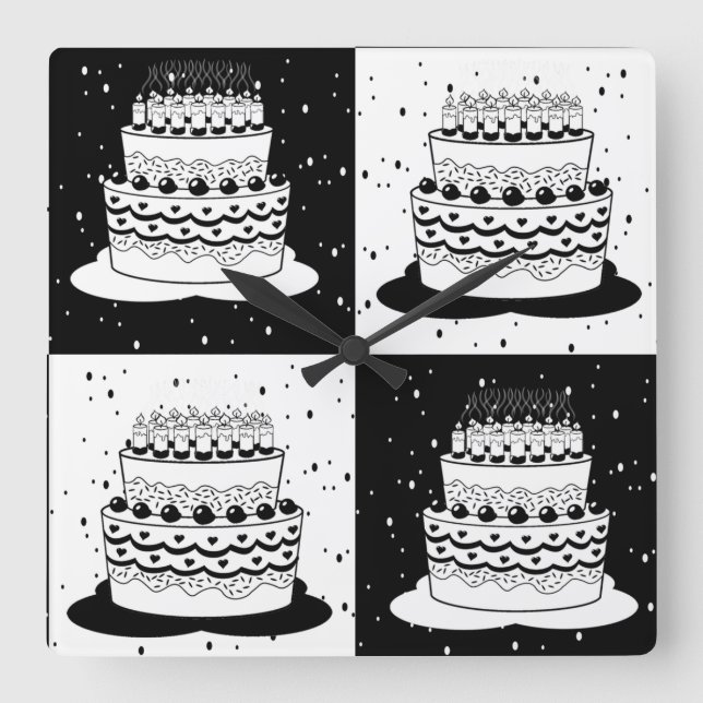 Black White Cake Chequered Block Print Square Wall Clock (Front)
