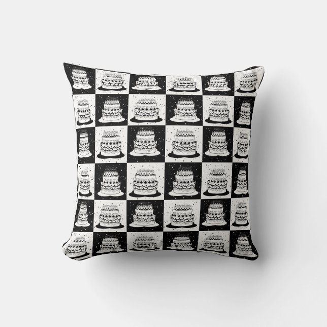 Black White Cake Chequered Block Print Throw Pillow (Front)