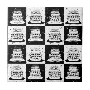 Black White Cake Chequered Block Print Tile