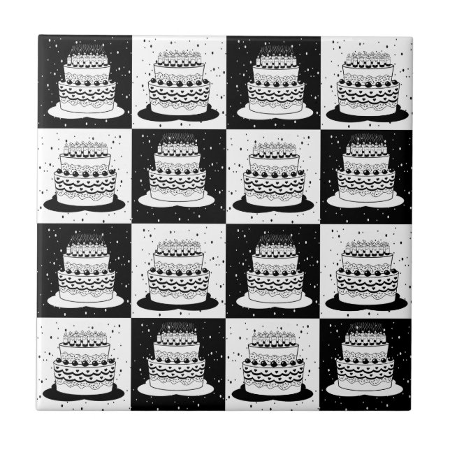 Black White Cake Chequered Block Print Tile (Front)
