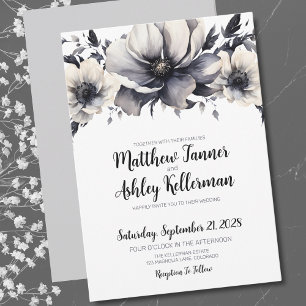 Black White Calligraphy Elegant Floral Wedding Invitation