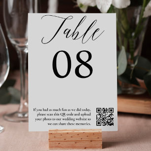 Black white calligraphy elegant wedding QR code Table Number