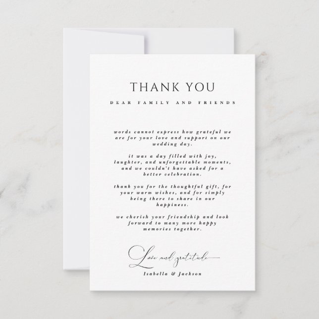 Black & White Calligraphy Love & Gratitude Wedding Thank You Card (Front)
