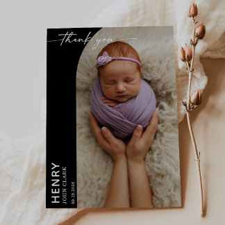 Black White Calligraphy Photo Baby Thank You Card