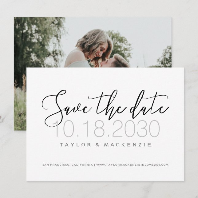 Black & White Calligraphy Photo Save the Date Card (Front/Back)