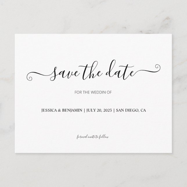 Black & White Calligraphy Save the Date PostCard (Front)