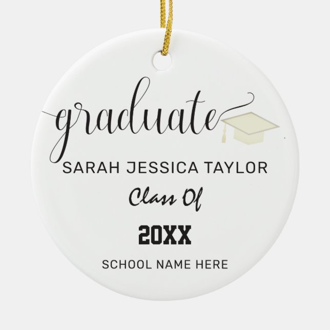 Black White Calligraphy Script Graduation Photo Ceramic Ornament (Front)