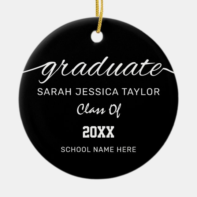 Black White Calligraphy Script Graduation Photo Ceramic Ornament (Front)