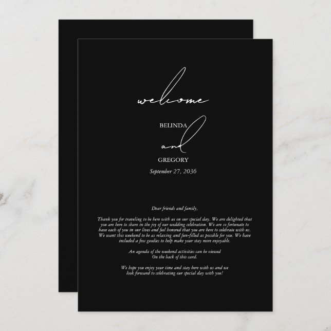 Black & White Calligraphy Script Wedding Itinerary Program (Front/Back)
