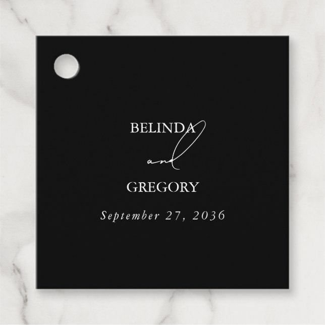 Black & White Calligraphy Signature Script Wedding Favour Tags (Front)